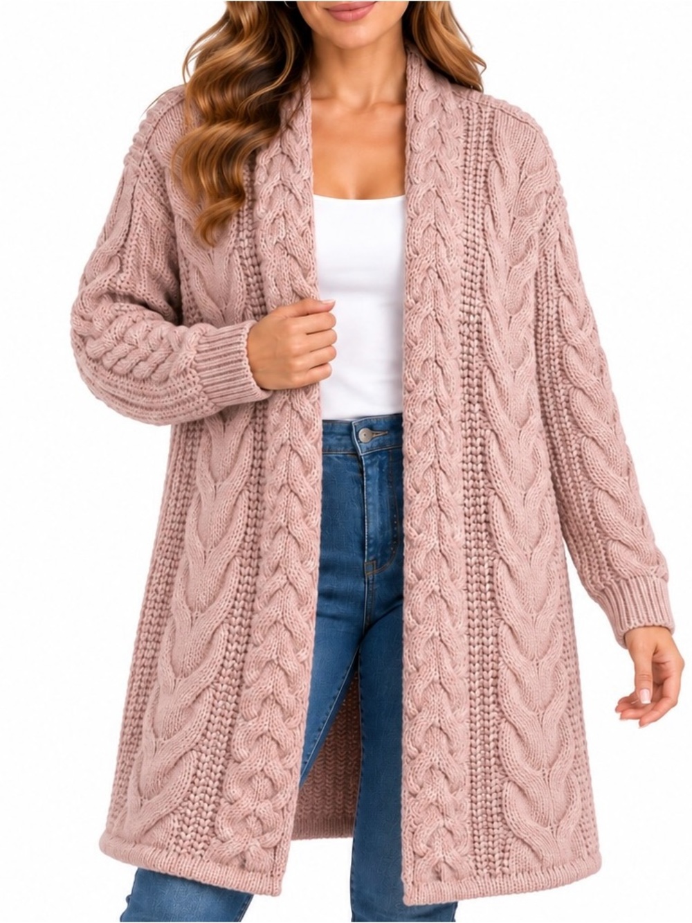 Nine West Women’s Medium Dusty Rose Cable Knit Long Open Front Cardigan